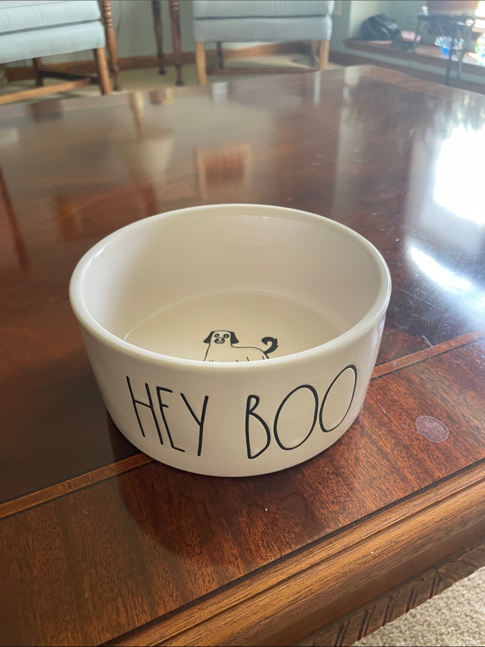 Rae Dunn White Ceramic Dog Bowl with Dog in ghost costume in bowl